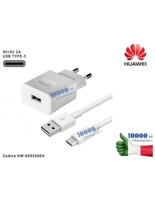 2452156 Alimentatore Carica Batteria USB HUAWEI 18W 9V 2A + Cavo Type C [BIANCO] (HW-059200EHQ) Ricarica Veloce Fast Charge (...