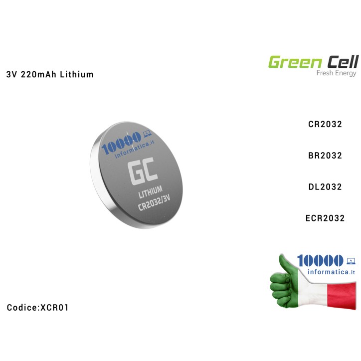 Batteria Tampone RTC CMOS Bios Orologio CR2032 ECR2032 DL2032 GREEN CELL 3V 220mAh Lithium