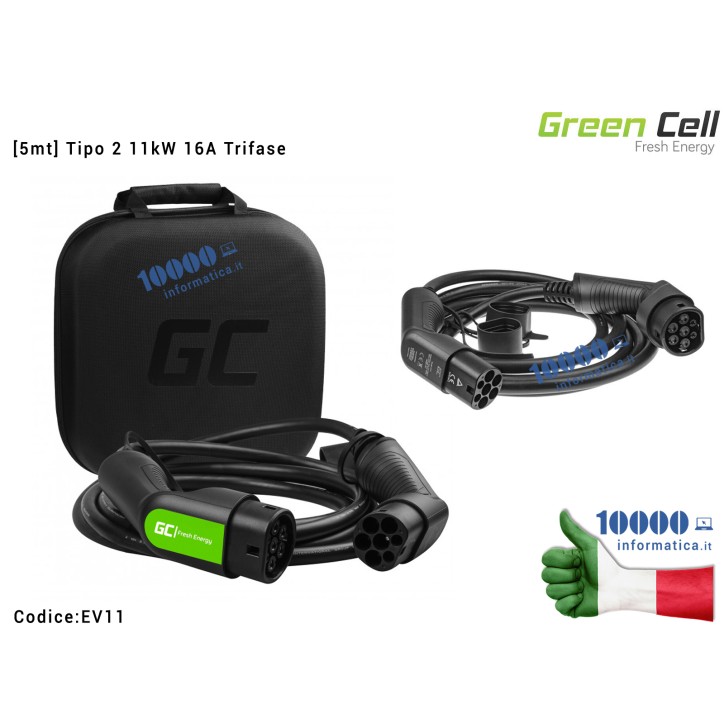 Cavo di ricarica Hybrid EV PHEV Green Cell [5mt] Tipo 2 11kW 16A Trifase per veicoli elettrici Tesla Leaf Ioniq Kona E-tron Zoe 