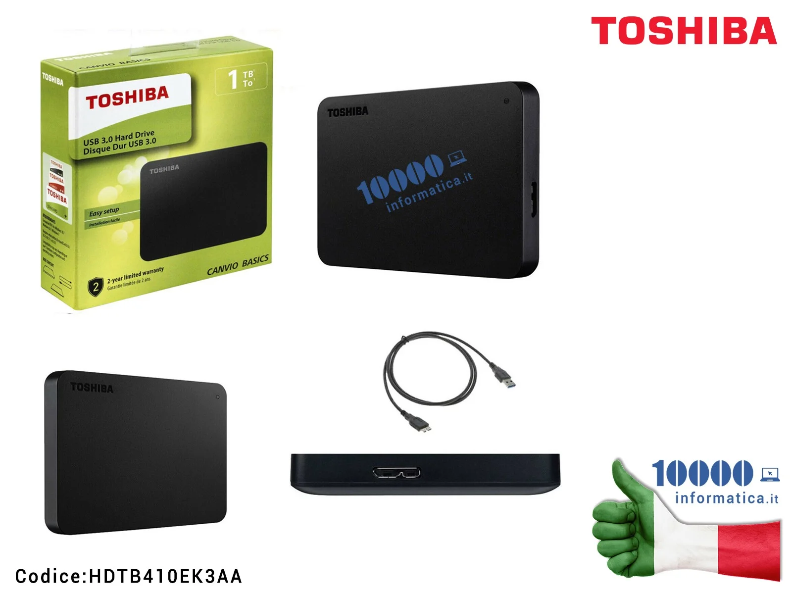 HDTB410EK3AA Hard Disk Esterno TOSHIBA USB 3.0 1 TB 2,5'' AUTOALIMENTATO 1000 GB TOSHIBA HDTB410EK3AA CANVIO BASICS