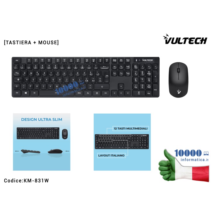 Kit Tastiera e Mouse Wireless Slim Vultech KM-831W 1600DPI Regolabili 2,4GHz