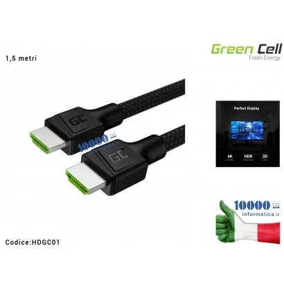HDGC01 Cavo HDMI Green Cell [1,5 metri] 4K 60Hz per Tv Pc Comuter Notebook Playstation PS3 PS4 Xbox 360 SKY