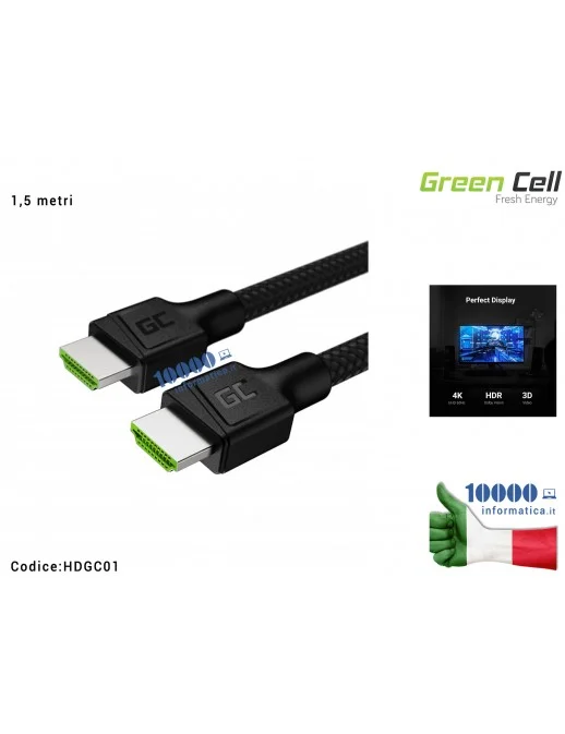 HDGC01 Cavo HDMI Green Cell [1,5 metri] 4K 60Hz per Tv Pc Comuter Notebook Playstation PS3 PS4 Xbox 360 SKY