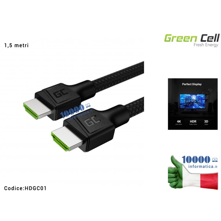Cavo HDMI Green Cell [1,5 metri] 4K 60Hz per Tv Pc Comuter Notebook Playstation PS3 PS4 Xbox 360 SKY
