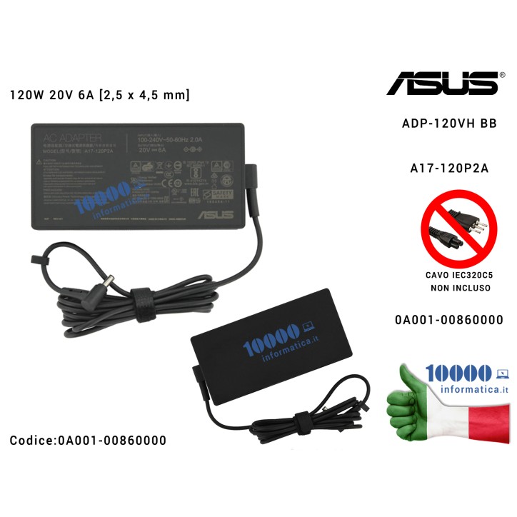 Alimentatore 120W 20V Originale Asus N7600Q N7600QA N7600QC N7600QE Alimentatore ASUS 120W 20V 6A [2,5 x 4,5 mm] VivoBook 15 X57