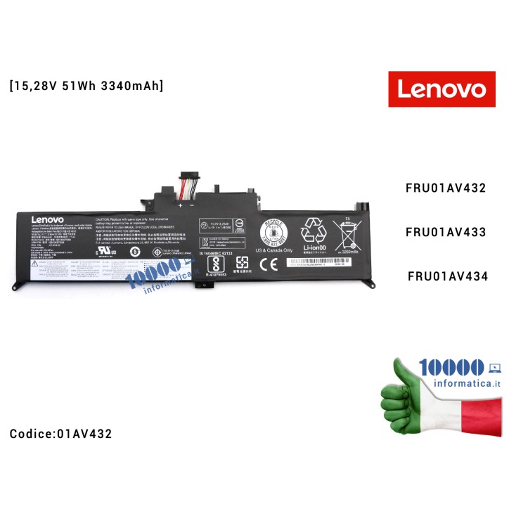 Batteria Originale Notebook LENOVO Yoga 370 (20JH) (20JJ) X380 Yoga (20LH) (20LJ) 01AV432 01AV433 01AV434 [15,28V 51Wh 3340mAh] 