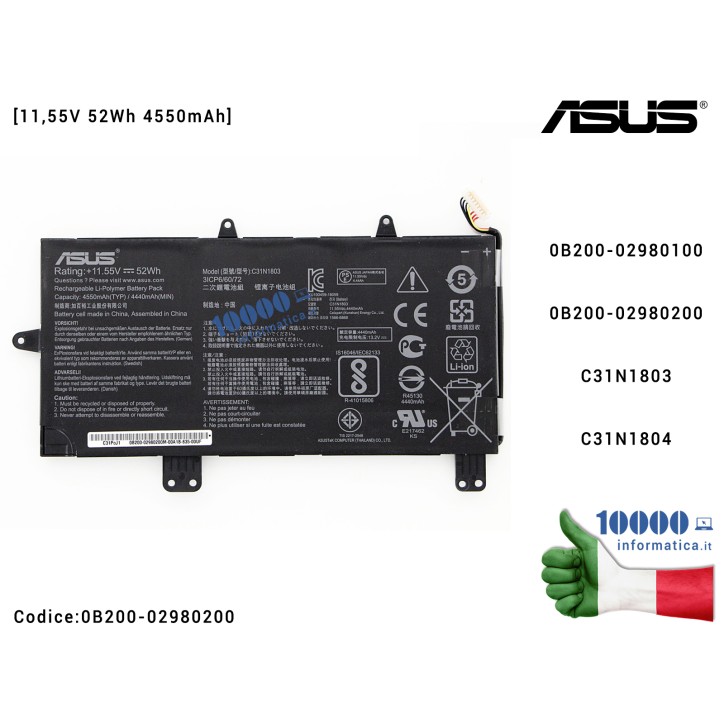Batteria C31N1803 ASUS ZenBook Pro UX450 UX450F UX450FD UX480F UX480FD UX450FDX [11,55V 52Wh 4550mAh] C31N1804 0B200-02980100