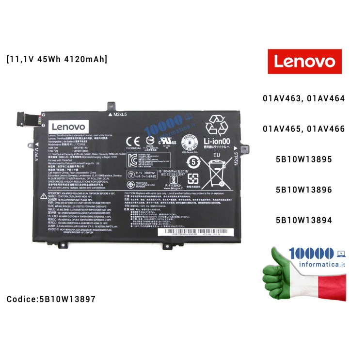 5B10W13897 Batteria L17C3P52 Originale Notebook LENOVO ThinkPad L14 Gen 2 (20X1) (20X2) [11,1V 45Wh 4120mAh] 1AV463 01AV464 01AV