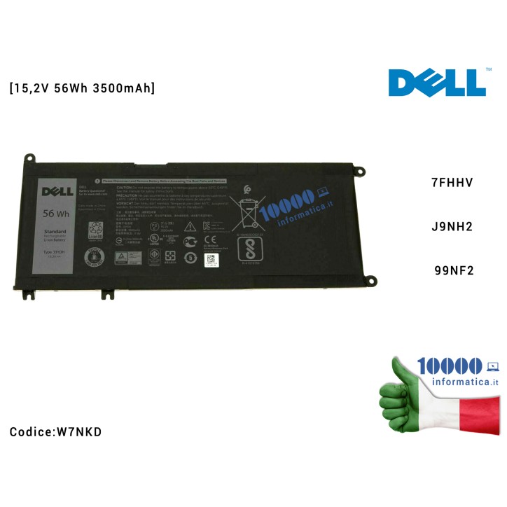 Batteria W7NKD DELL Latitude 3380 3590 3580 Chromebook 3380 [15,2V 56Wh 3500mAh] 7FHHV J9NH2 99NF2