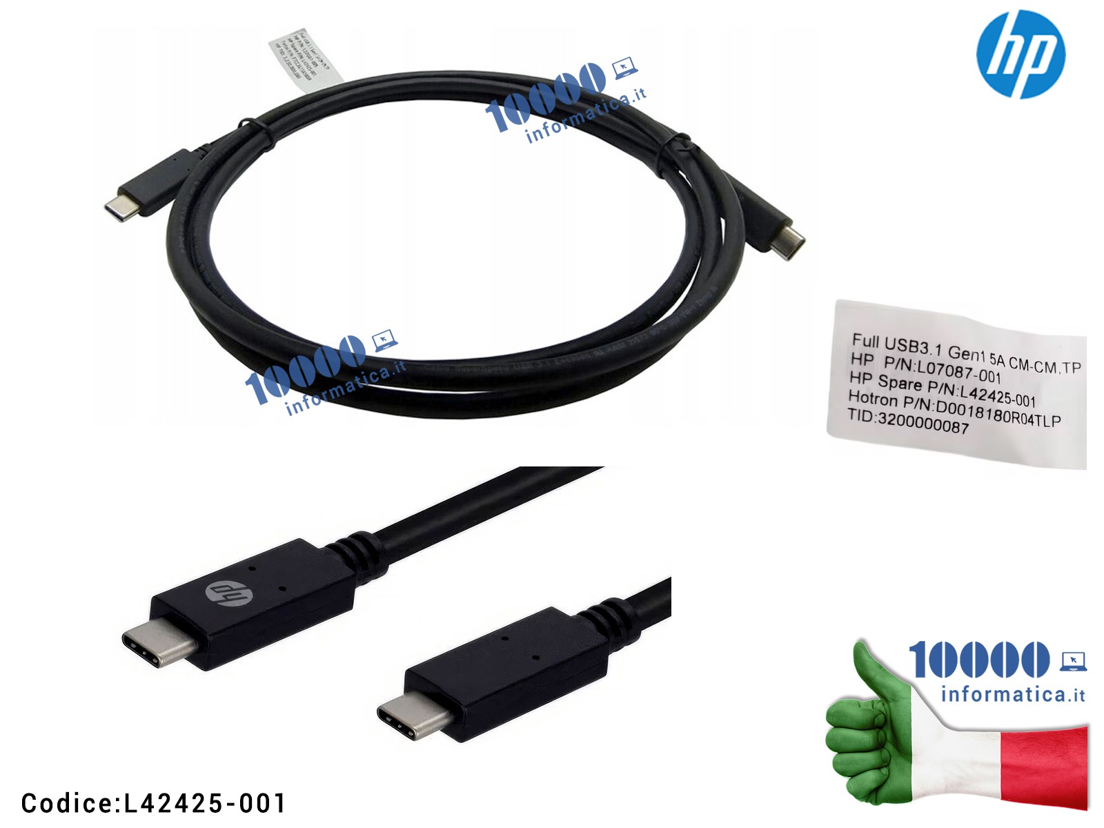 L42425-001 Cavo HP USB-C 3.1 Gen1 20V 5A 100W 1.8m ORIGINALE HP L42425-001 ALTE PRESTAZIONI Full USB 3.1 Gen1 5A L07087-001 D... L42425-001 Cavo HP USB-C 3.1 Gen1 20V 5A 100W 1.8m ORIGINALE HP L42425-001 ALTE PRESTAZIONI Full USB 3.1 Gen1 5A L07087-001 D...