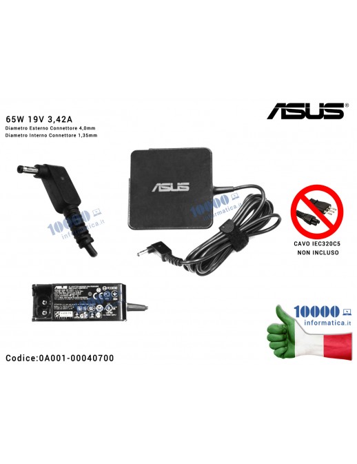Alimentatore ASUS 65W 19V 3,42A [4,0 x 1,35 mm] (SENZA PLUG) ZenBook UX32V UX32VD UX302L UX302LA UX21A UX31A UX32A