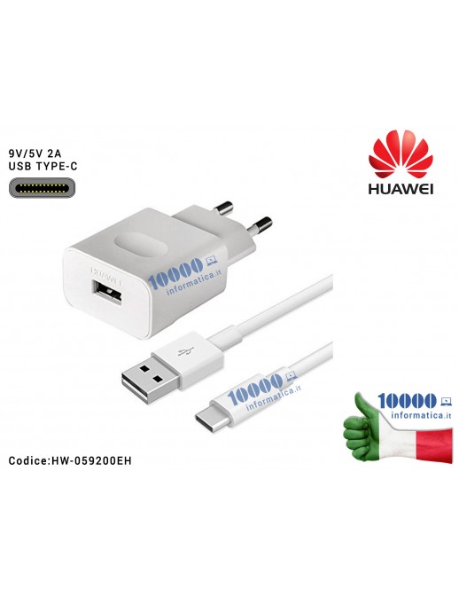 Alimentatore Carica Batteria USB HUAWEI 18W 9V 2A + Cavo Type C [BIANCO] (HW-059200EHQ) Ricarica Veloce Fast Charge (02220683+04071121)