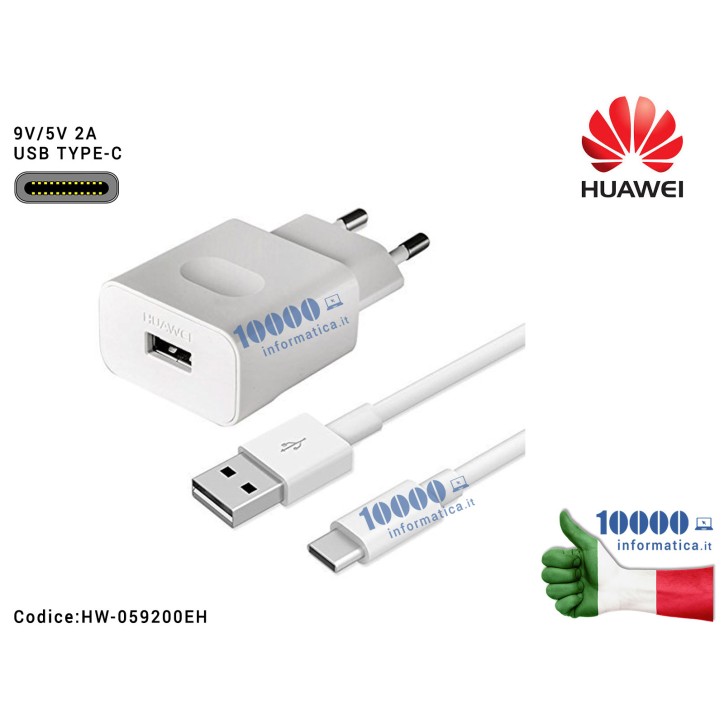 Alimentatore Carica Batteria USB HUAWEI 18W 9V 2A + Cavo Type C [BIANCO] (HW-059200EHQ) Ricarica Veloce Fast Charge (02220683+04