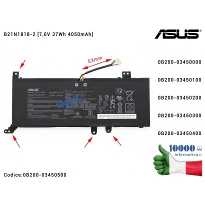 0B200-03450500 Batteria B21N1818-2 ASUS VivoBook 15 F509 F509J X509 X509F X509J X509U X509UA X509UJ X545 X545F [7,6V 37Wh 405...