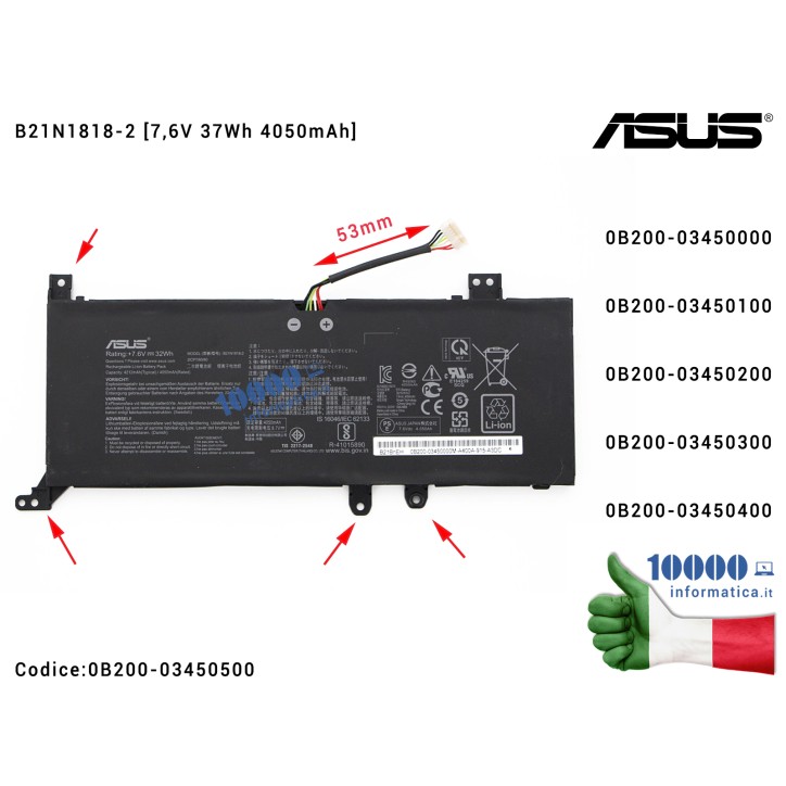 Batteria B21N1818-2 ASUS VivoBook 15 F509 F509J X509 X509F X509J X509U X509UA X509UJ X545 X545F [7,6V 37Wh 4050mAh] 0B200-034505