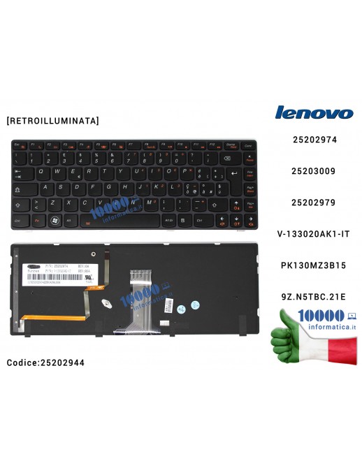 Tastiera Italiana LENOVO IdeaPad Y480 (FRAME NERO) [RETROILLUMINATA] 25202974 PK130MZ3B15 9Z.N5TBC.21E 25203009 25202979