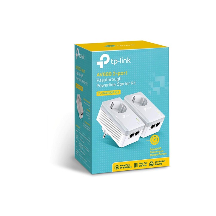 TP-LINK TL-PA4020P KIT Nano Powerline AV600 con 2 Porte Ethernet e Presa Passante Schuko, fino a 600 Mbps e 300 Metri di Copertu