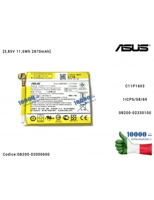 0B200-02000600 Batteria C11P1603 ASUS ZenFone 3 Deluxe ZS570KL (Z016D) (Z016S) [3,85V 11,5Wh 2870mAh] 0B200-02330100