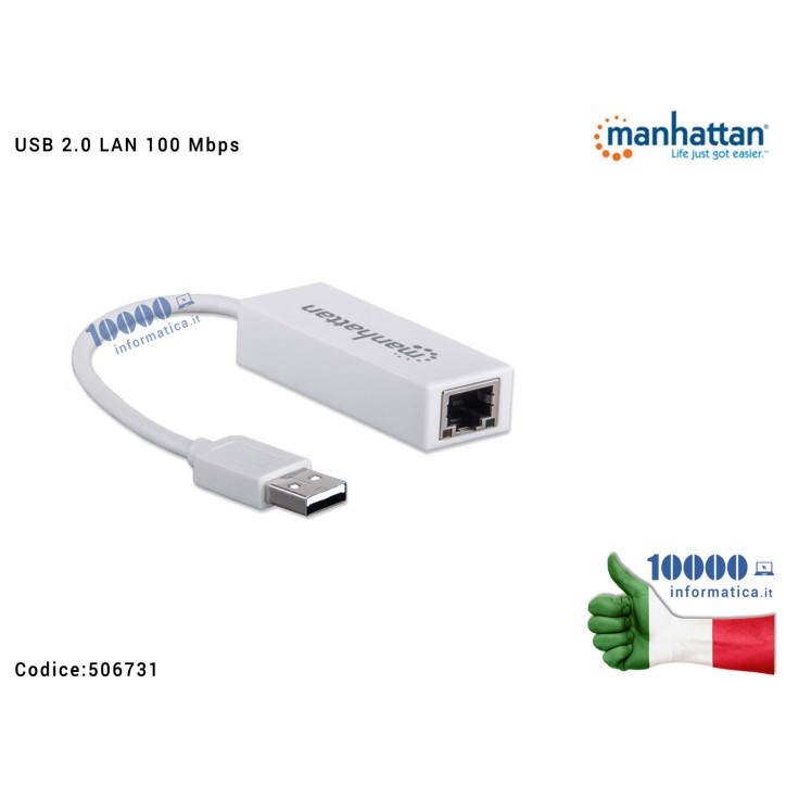 Adattatore USB 2.0 con porta Ethernet LAN RJ45 100Mbps MANHATTAN