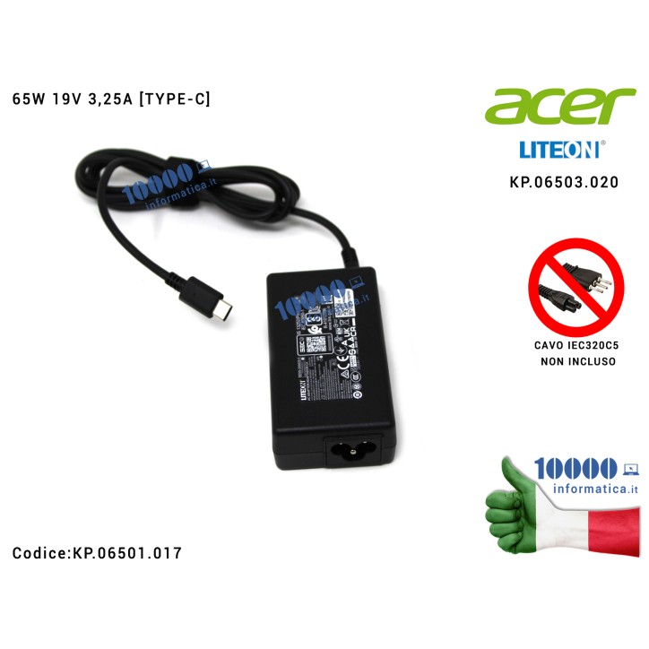 Alimentatore ACER 65W 19V 3,25A [TYPE-C] Aspire Swift SF514-55 SF514-55T SF514-55GT SF514-55TA (USB-C) KP.06503.020 KP06503020 K
