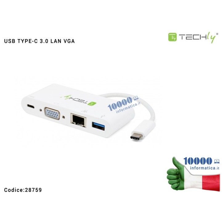 Adattatore USB 3.1 tipo C a USB 3.0 con connessioni VGA, RJ45, TYPE-CTECHLY