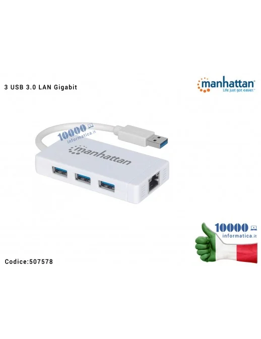 507578 Hub 3 porte USB 3.0 con Adattatore Ethernet LAN RJ45 1 Gigabit MANHATTAN