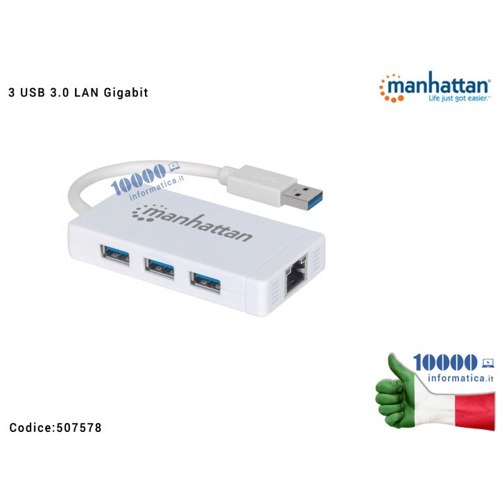 Hub 3 porte USB 3.0 con Adattatore Ethernet LAN RJ45 1 Gigabit MANHATTAN
