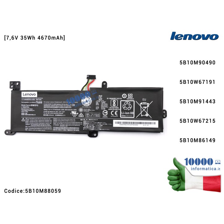 Batteria L16C2PB1 LENOVO IdeaPad 320-14AST 320-14IAP 320-14IKB 320-14ISK 320-15ABR 320-15AST [7,6V 35Wh 4670mAh] 5B10M88059 5B10