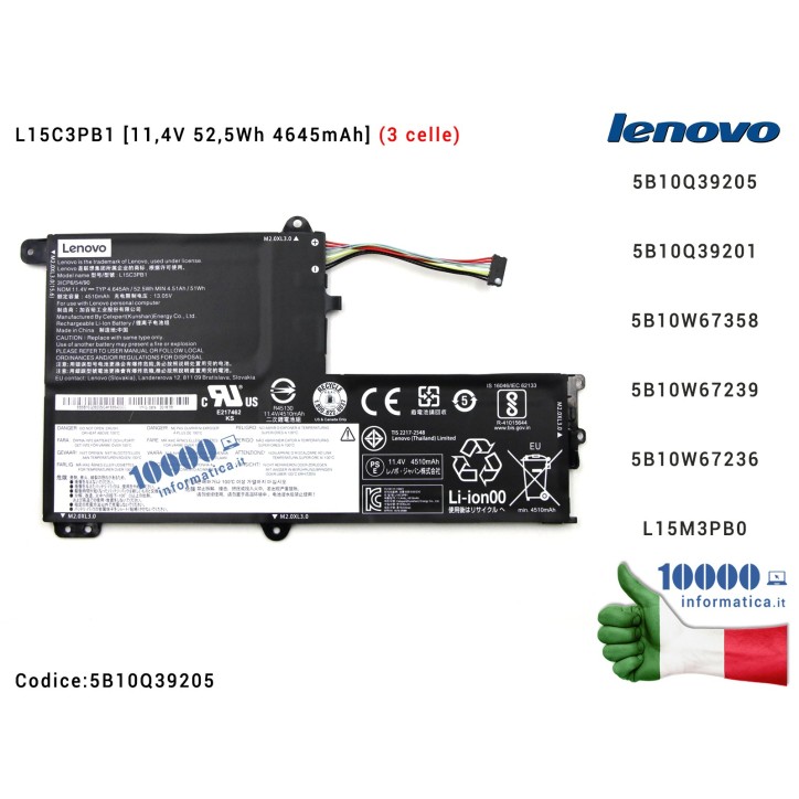 Batteria L15C3PB1 [3 celle] LENOVO IdeaPad 330S-14IKB (81F4) (81F5) (81JM) [11,4V 52,5Wh 4645mAh] 5B10Q39201 5B10W67358 5B10W672