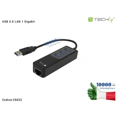 25022 Hub 3 porte USB 3.0 con Adattatore Ethernet LAN RJ45 1 Gigabit TECHLY
