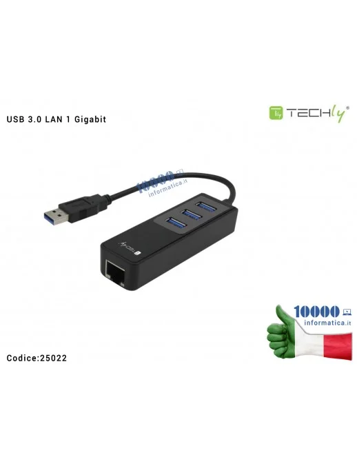 25022 Hub 3 porte USB 3.0 con Adattatore Ethernet LAN RJ45 1 Gigabit TECHLY