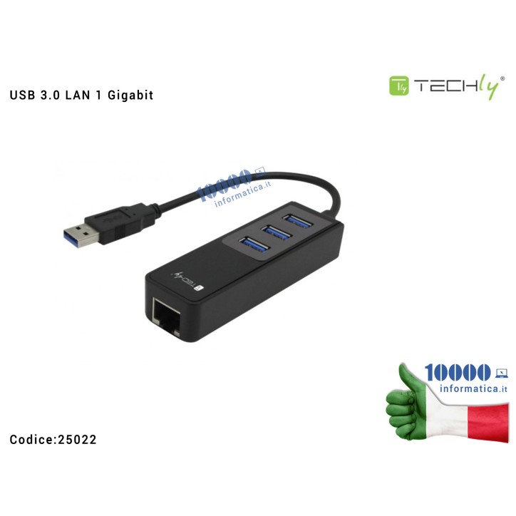 Hub 3 porte USB 3.0 con Adattatore Ethernet LAN RJ45 1 Gigabit TECHLY