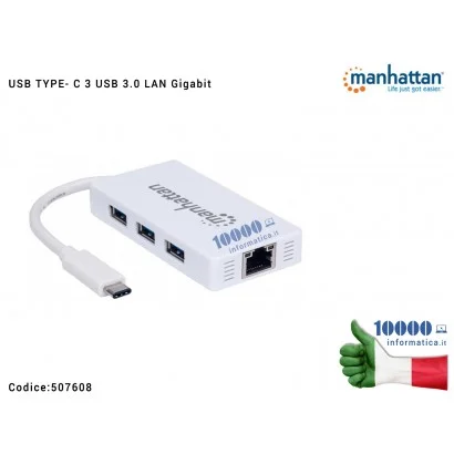 507608 Hub USB-C TYPE-C 3 porte USB 3.0 con Adattatore Ethernet LAN RJ45 1 Gigabit MANHATTAN