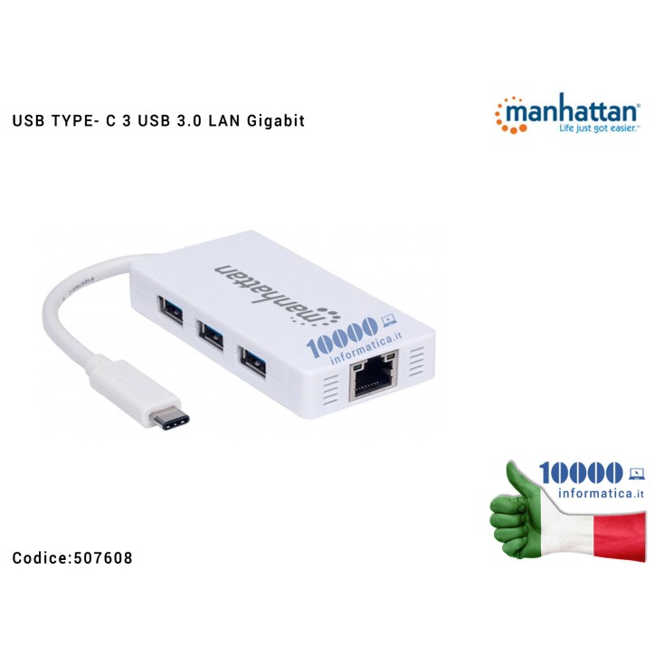 Hub USB-C TYPE-C 3 porte USB 3.0 con Adattatore Ethernet LAN RJ45 1 Gigabit MANHATTAN Hub USB-C TYPE-C 3 porte USB 3.0 con Adattatore Ethernet LAN RJ45 1 Gigabit MANHATTAN