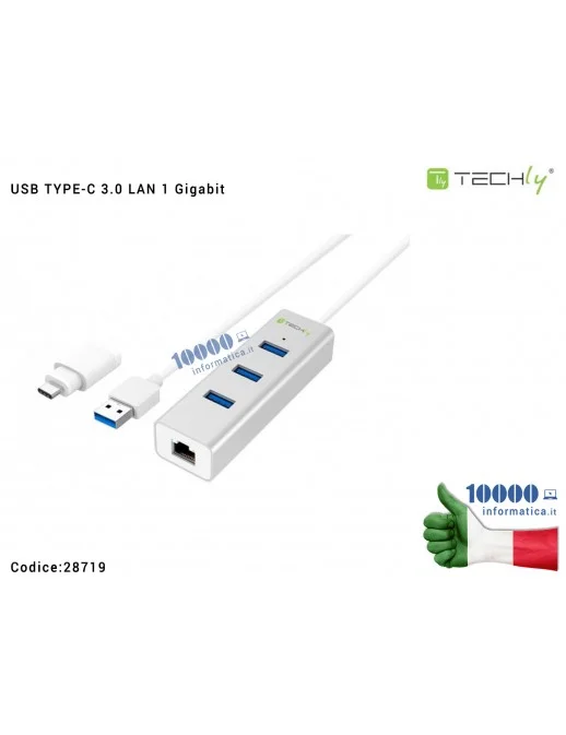 28719 Hub USB-C TYPE-C 3 porte USB 3.0 con Adattatore Ethernet LAN RJ45 1 Gigabit TECHLY
