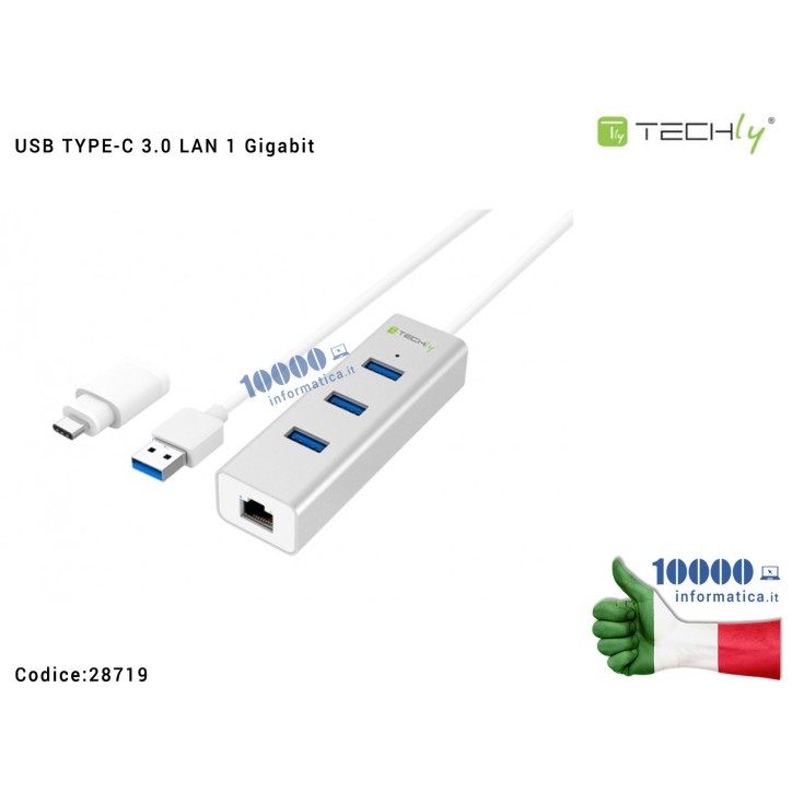Hub USB-C TYPE-C 3 porte USB 3.0 con Adattatore Ethernet LAN RJ45 1 Gigabit TECHLY