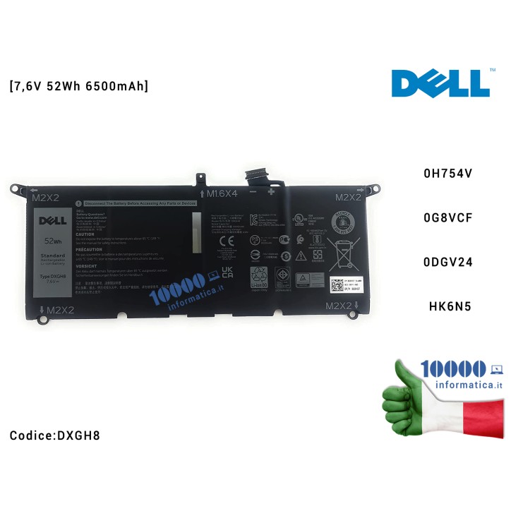 Batteria DXGH8 DELL XPS 13 9370 9380 Inspiron 13 3301 5390 7390 Vostro 13 5390 [7,6V 52Wh 6500mAh] 0H754V 0G8VCF 0DGV24 HK6N5