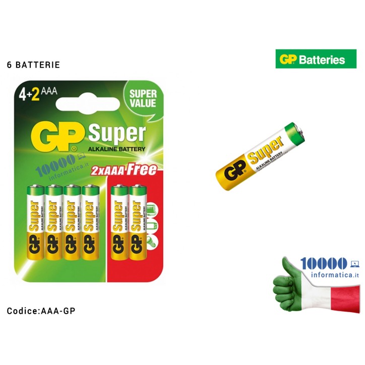 Batteria Ministilo AAA Super Alcalina Alkaline LR3 GP BATTERIES 1,5V [6 BATTERIE]