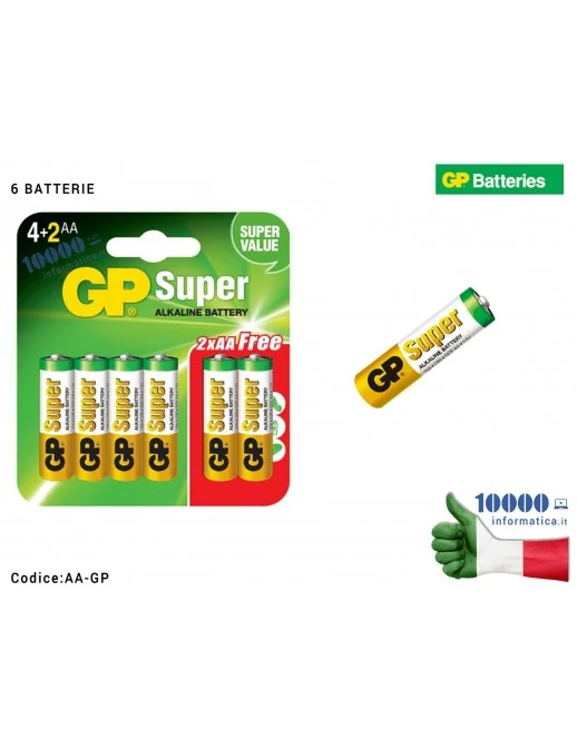 AA-GP Batteria Stilo AA Super Alcalina Alkaline LR6 GP BATTERIES 1,5V [6 BATTERIE]