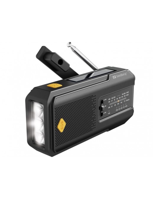 421-04 Radio Sandberg Survivor Radio All-in-1 Torcia Powerbank 2000 mAh Radio FM+AM Radio Portatile AM/FM con pannello solare integrato e la manovella in dotazione per la ricarica di emergenza