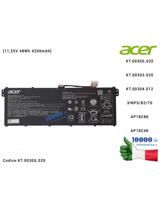 Batteria AP18C8K ACER Aspire 5 A514-53 A514-53G A515-43 A515-44 A515-44 A515-44G SF314-58 [11,25V 48,85Wh 4343mAh] 3INP5/82/70