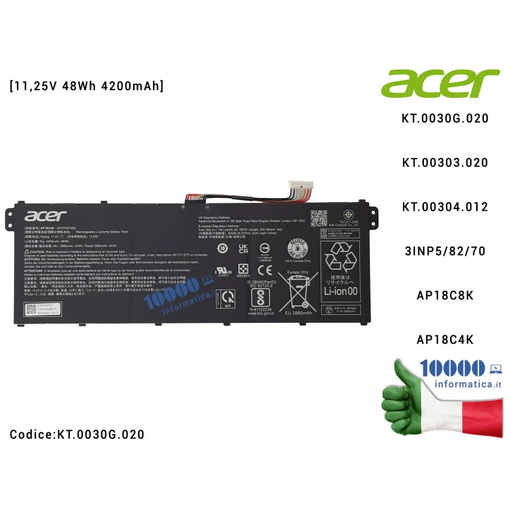 Batteria AP18C8K ACER Aspire 5 A514-53 A514-53G A515-43 A515-44 A515-44 A515-44G SF314-58 [11,25V 48,85Wh 4343mAh] 3INP5/82/70