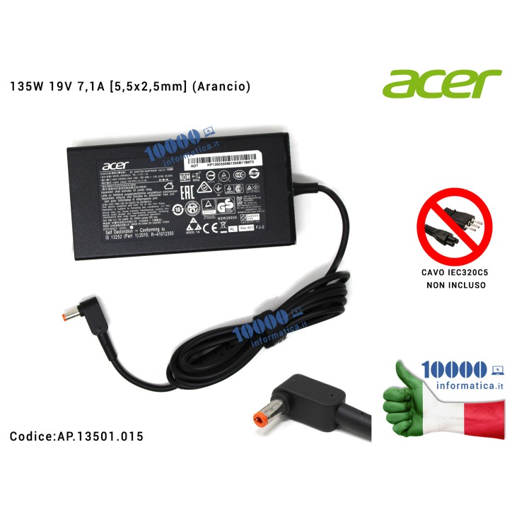 Alimentatore ACER 135W 19V 7,1A [5,5x2,5mm] (Arancio) Aspire VN7-591G VN7-791G PA3290U-2ACA PA-1131-05 PA-1131-16 ADP-135DB PA-1