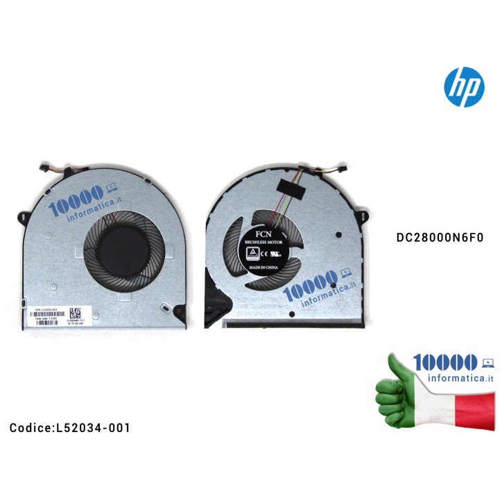 VENTOLA HP 15-DW 15-DU FAN 4 PIN SPS - L52034-001 COOLER DC28000N6F0 Ventola Fan CPU HP 15-DU 15-DW 250 G8 255 G8 15S-DU 15S-DY 