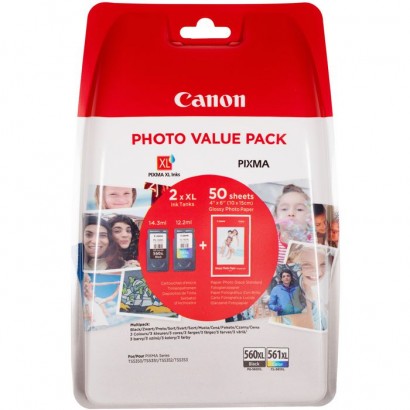 3712C004 Canon PG-560XL Black and CL-561XL Colour Ink Cartridge + Photo Paper Value Pack 1