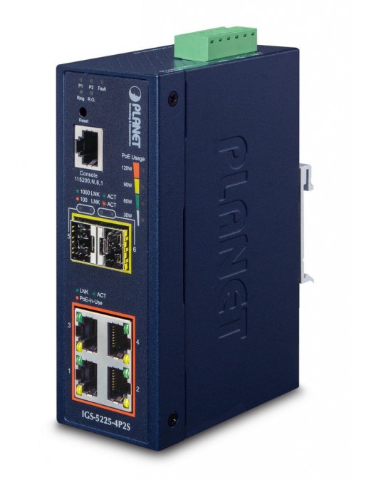 IGS-5225-4P2S IGS-5225-4P2S Planet L2+ Industrial 4-Port 10/100/1000T 802.3at PoE + 2-Port 100/1000X SFP Managed Ethernet Swi...