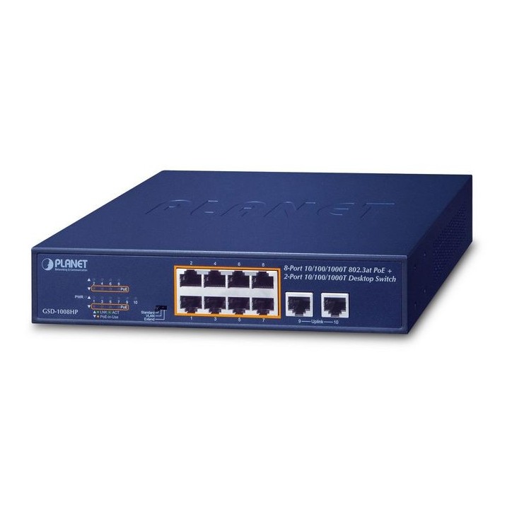 GSD-1008HP Planet 8-Port 10/100/1000T 802.3at PoE + 2-Port 10/100/1000T Desktop Switch (120 watts) CE, FCC