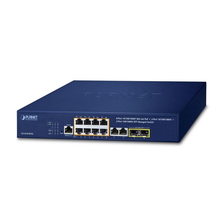 GS-4210-8P2C Planet 8-Port 10/100/1000T 802.3at PoE + 2-Port 10/100/1000T+ 2-Port 100/1000X SFP Managed Switch FCC Part 15 Class