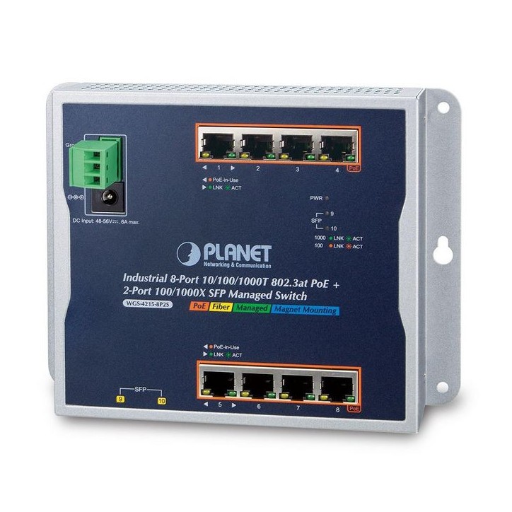 WGS-4215-8P2S Planet Managed, 8-Port 10/100/1000T, 802.3at, PoE + 2x 100/1000X SFP Black