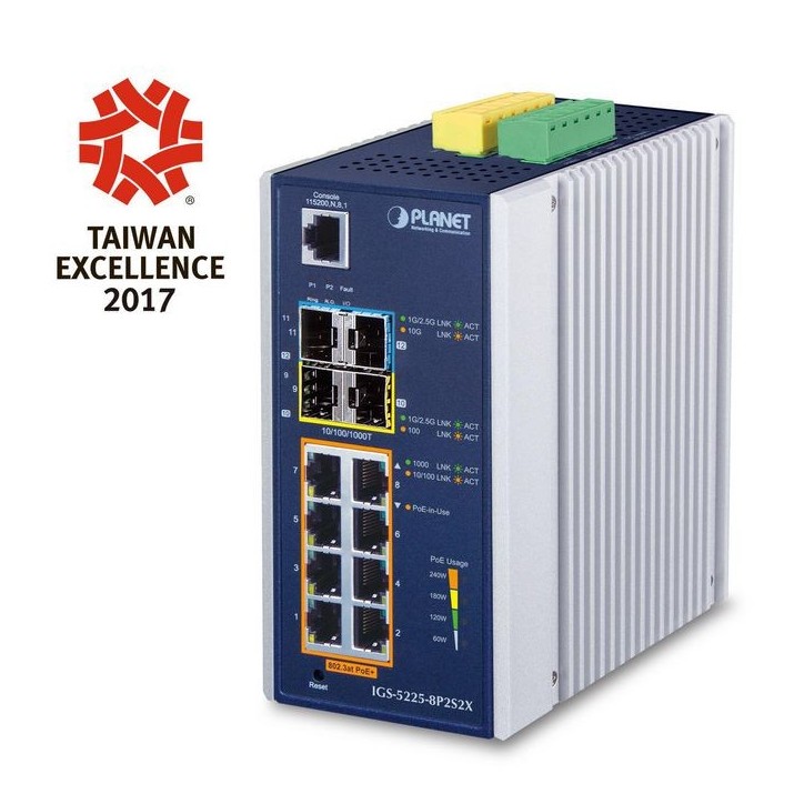 IGS-5225-8P2S2X Planet Industrial L3 8-Port 10/100/1000T 802.3at PoE + 2-Port 1G/2.5G SFP + 2-Port 10G SFP+ Managed Ethernet Swi